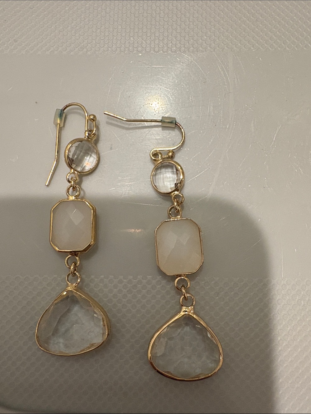 Gold-Trim White Stone Drop Earrings